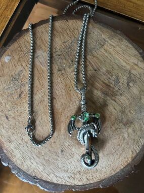 Silver Dragon Pendant Necklace with Green Gems
